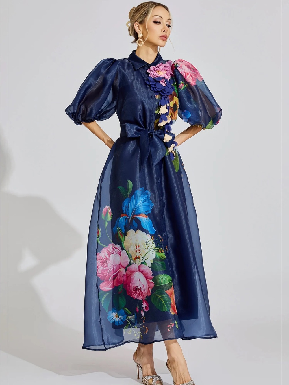 Navy Floral Organza Midi Dress with Puff Sleeves